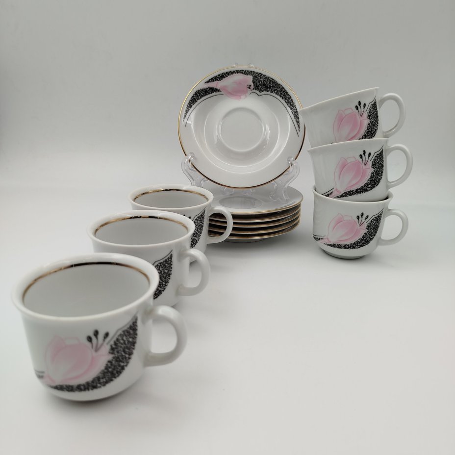Сервиз кофейный с изображением розовых цветов, на 6 персон (15 предметов), фарфор, деколь, золочение, Graf Von Henneberg Porzellan, 1777 Jlmenau, ГДР, 1973-1977 гг.