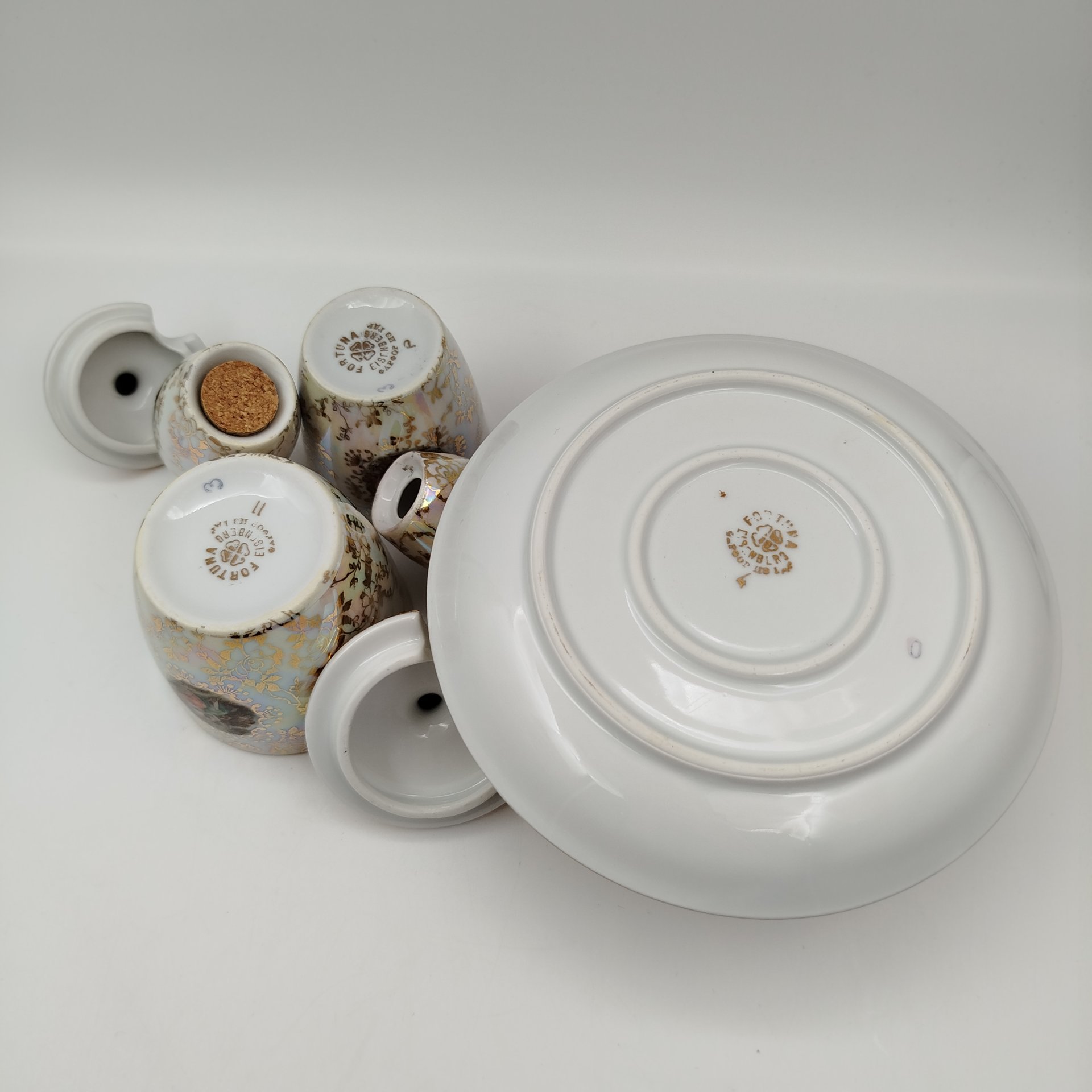 Набор сервировочный "Мадонна" (5 предметов), фарфор, люстр, деколь, золочение, Fortuna Eisenberg, ГДР, 1960-1973 гг.