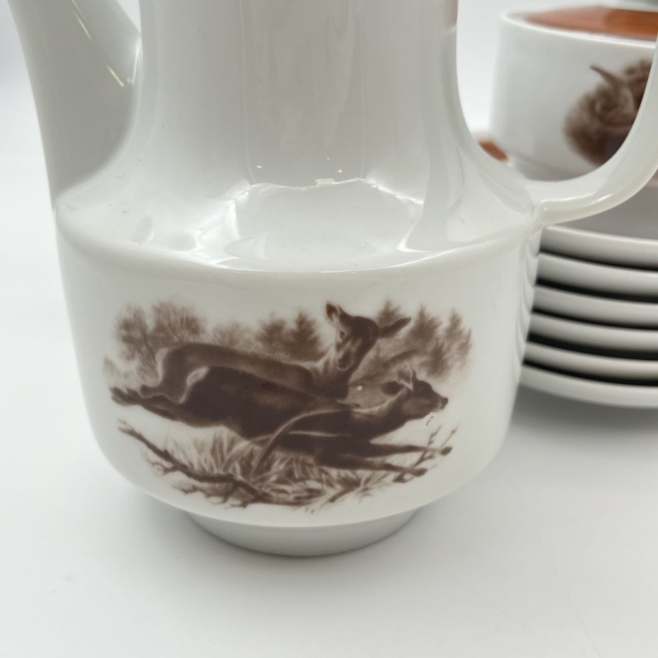 Сервиз кофейный на 6 персон, декорированный изображениями дичи, фарфор, деколь, Colditz (Кольдиц), Германия, 1980-1990 гг.