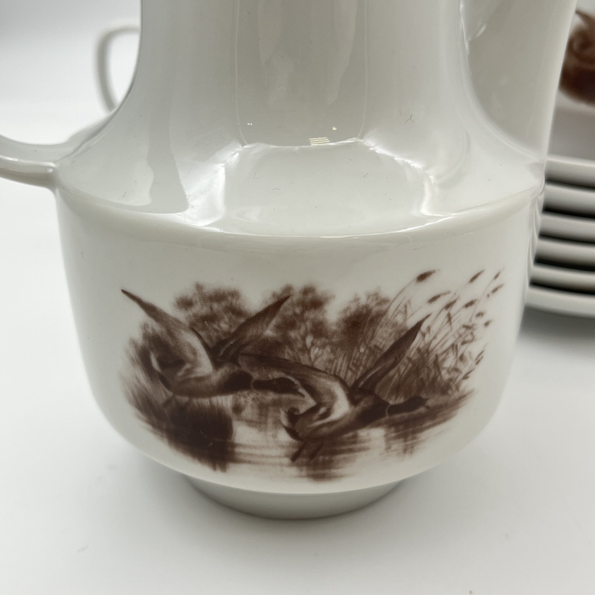 Сервиз кофейный на 6 персон, декорированный изображениями дичи, фарфор, деколь, Colditz (Кольдиц), Германия, 1980-1990 гг.