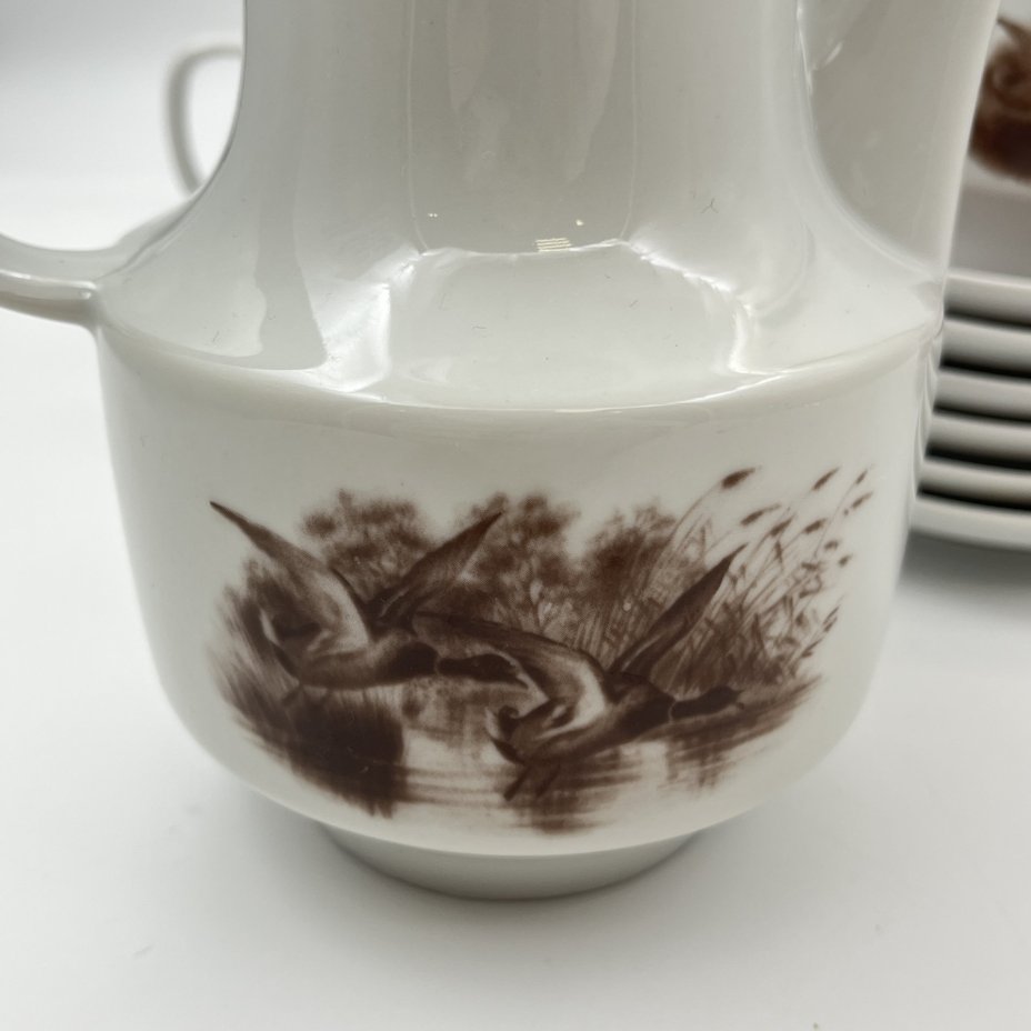 Сервиз кофейный на 6 персон, декорированный изображениями дичи, фарфор, деколь, Colditz (Кольдиц), Германия, 1980-1990 гг.