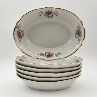 Набор из 6-ти салатников овальной формы  с цветочным декором, фарфор, деколь, золочение, Коростенский фарфоровый завод (КФЗ), СССР, 1960-1991 гг.