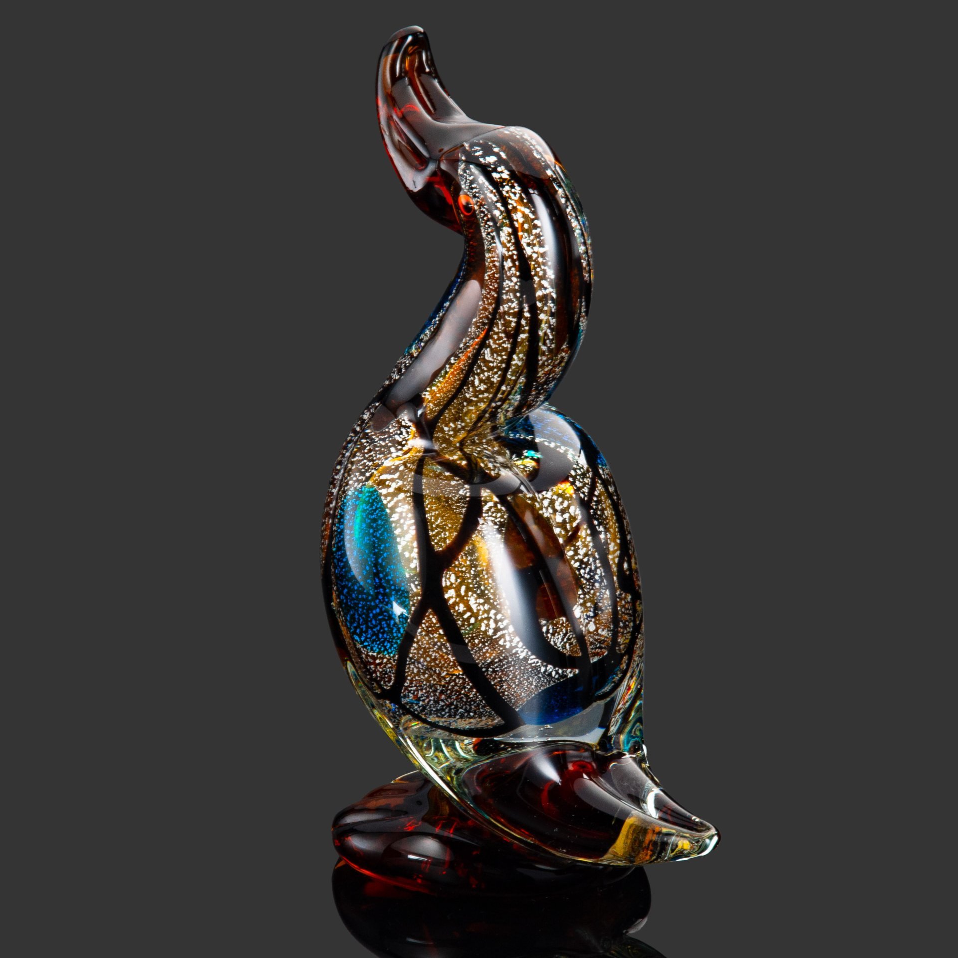 Статуэтка "Утка", стекло, гутная техника, Silver Leaf (декоративная техника с добавлением серебряного листа), техника «sommerso», бульгазе, Муранское стекло