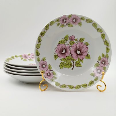 Набор из шести суповых тарелок с цветочным декором в розово-зеленой гамме, фарфор, печать, Epiag Royal Czechoslovakia, Чехословакия, 1970-1990 гг.