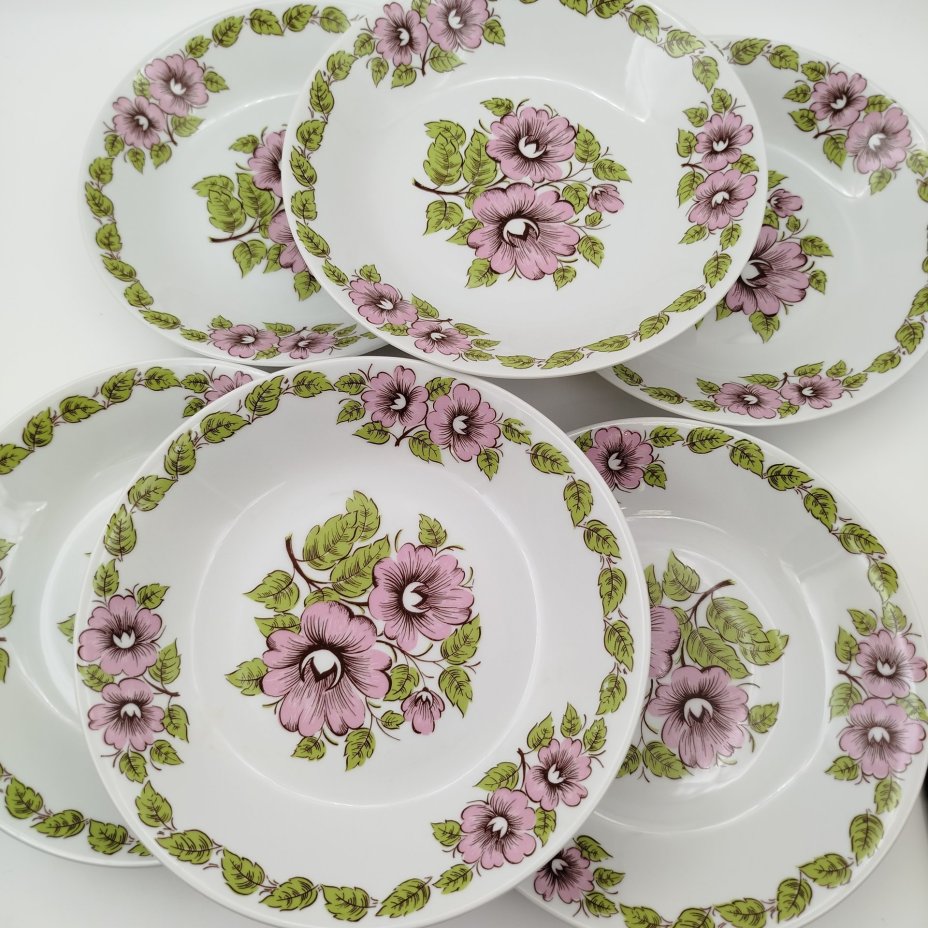 Набор из шести суповых тарелок с цветочным декором в розово-зеленой гамме, фарфор, печать, Epiag Royal Czechoslovakia, Чехословакия, 1970-1990 гг.