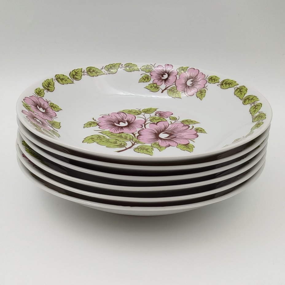 Набор из шести суповых тарелок с цветочным декором в розово-зеленой гамме, фарфор, печать, Epiag Royal Czechoslovakia, Чехословакия, 1970-1990 гг.