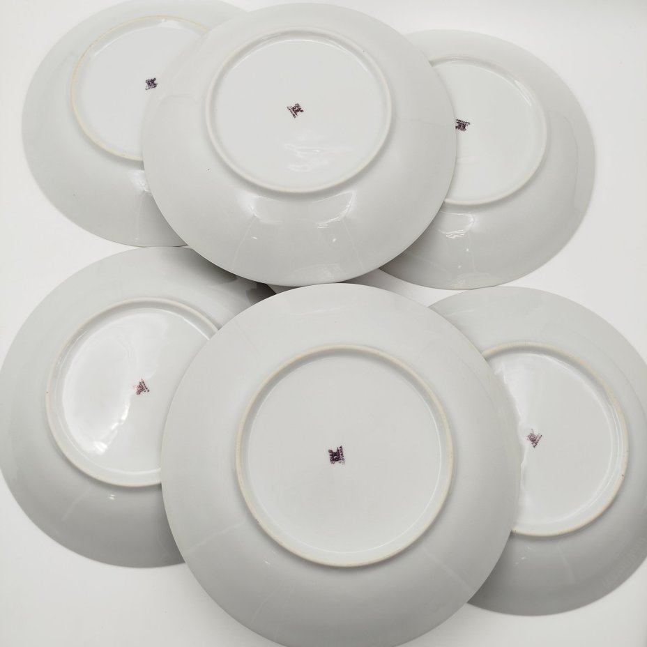 Набор из шести суповых тарелок с цветочным декором в розово-зеленой гамме, фарфор, печать, Epiag Royal Czechoslovakia, Чехословакия, 1970-1990 гг.