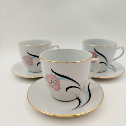Набор из 3-х чайных пар с цветочным декором, фарфор, деколь, золочение, Cluj-Napoca Porcelain, Румыния, 1970-1990 гг.