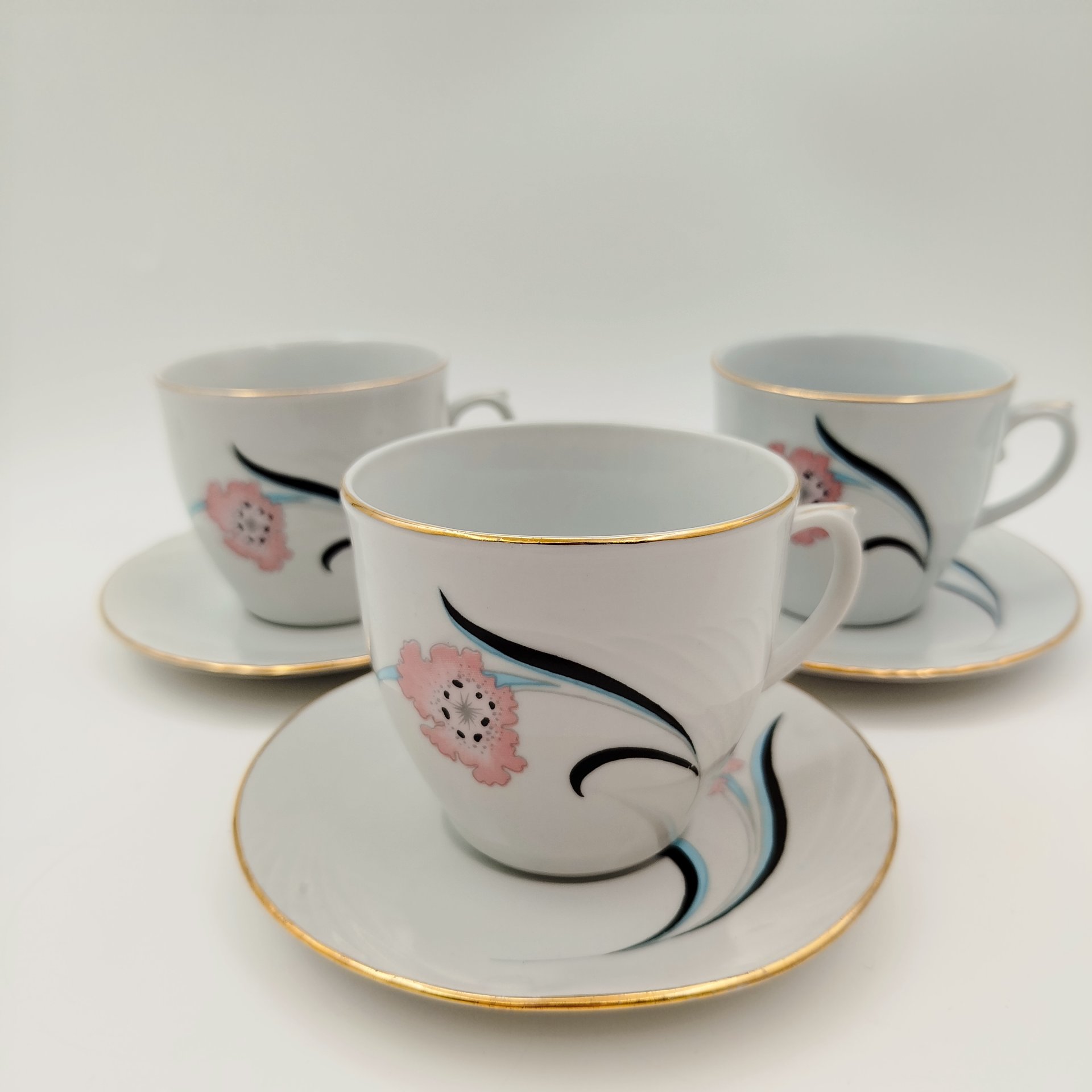 Набор из 3-х чайных пар с цветочным декором, фарфор, деколь, золочение, Cluj-Napoca Porcelain, Румыния, 1970-1990 гг.