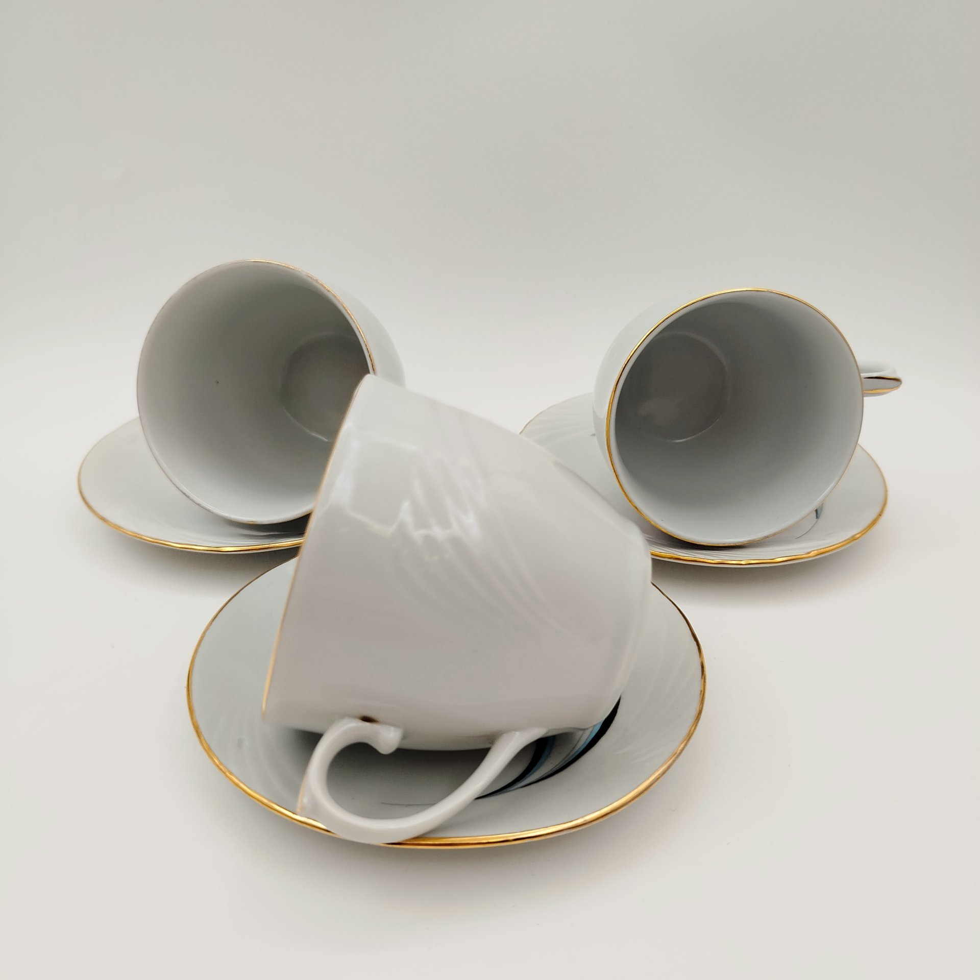 Набор из 3-х чайных пар с цветочным декором, фарфор, деколь, золочение, Cluj-Napoca Porcelain, Румыния, 1970-1990 гг.