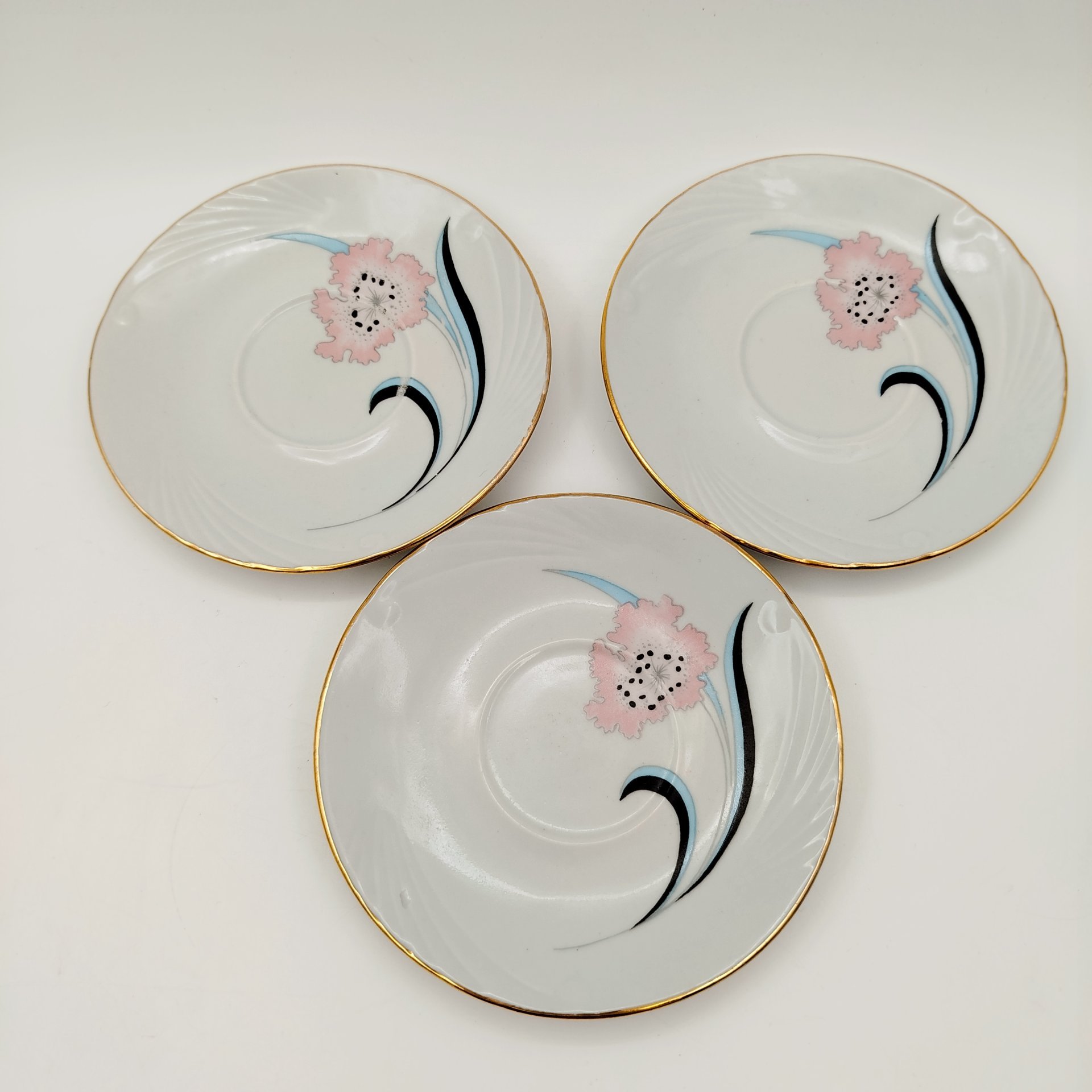 Набор из 3-х чайных пар с цветочным декором, фарфор, деколь, золочение, Cluj-Napoca Porcelain, Румыния, 1970-1990 гг.