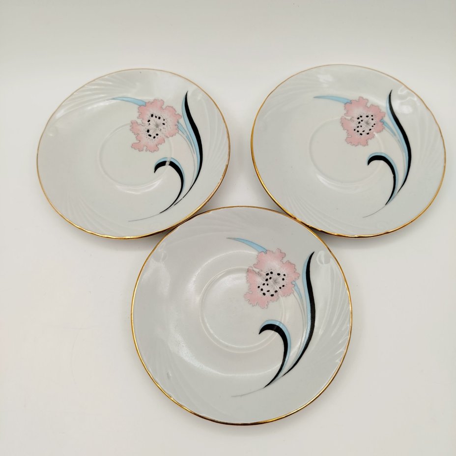 Набор из 3-х чайных пар с цветочным декором, фарфор, деколь, золочение, Cluj-Napoca Porcelain, Румыния, 1970-1990 гг.