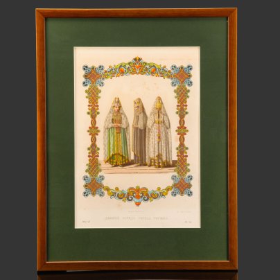 Хромолитография "Девичий наряд города Торжка", автор: Солнцев Ф.Г., хромолитография Ф. Дрегера, бумага, печать,  дерево, стекло, Российская империя, 1849-1853 гг.