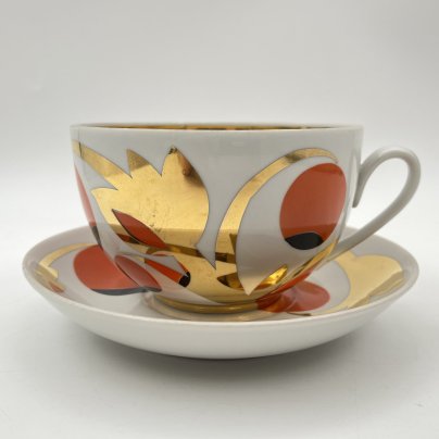 Чайная пара "Золотые яблоки" ("Райские яблоки"), автор росписи А. А. Чекулина, фарфор, крытье, золочение, Дмитровский фарфоровый завод (ДФЗ Вербилки), СССР, 1965-1991 гг.