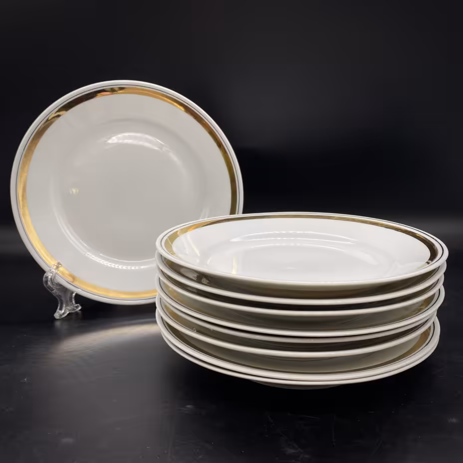Набор из 9 пирожковых тарелок с золотым ободком, фарфор, Фабрика "Colditz Porcelain Factory", ГДР, 1960-1990 гг., Colditz (Кольдиц)