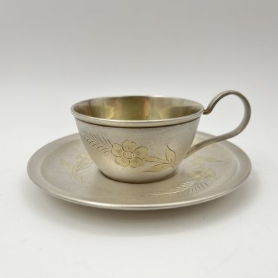 Пара кофейная с цветочным декором, мельхиор (медь-никель), золочение, Мстерская художественная фабрика  «Ювелир», СССР, 1960-1970 гг.