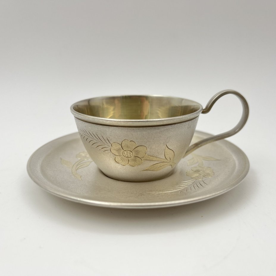 Пара кофейная с цветочным декором, мельхиор (медь-никель), золочение, Мстерская художественная фабрика  «Ювелир», СССР, 1960-1970 гг.