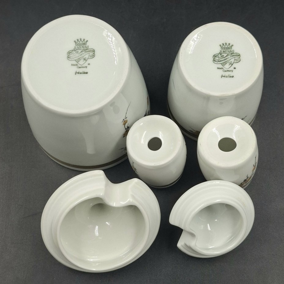 Набор для специй (солонка, перечница, горчичница и хренница) с цветочным декором золотистого цвета, фарфор, деколь, золочение, Graf Von Henneberg Porzellan, 1777 Jlmenau, ГДР, 1973-1977 гг.