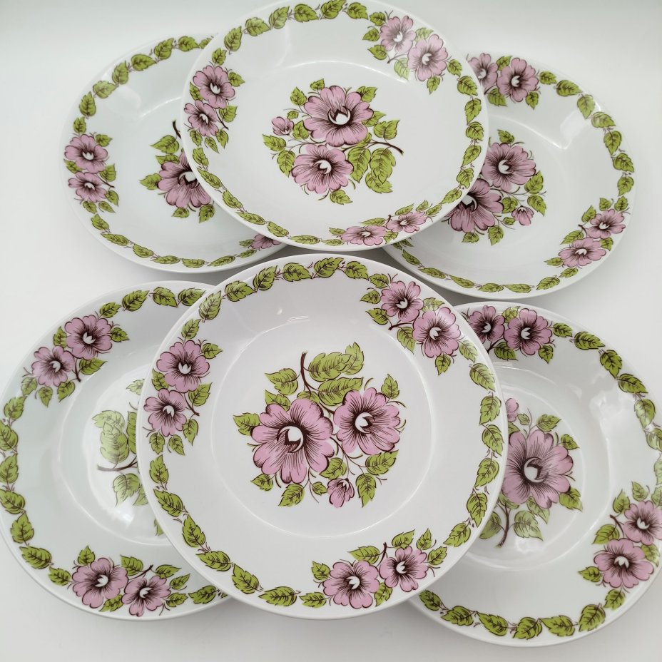 Набор из шести суповых тарелок с цветочным декором в розово-зеленой гамме