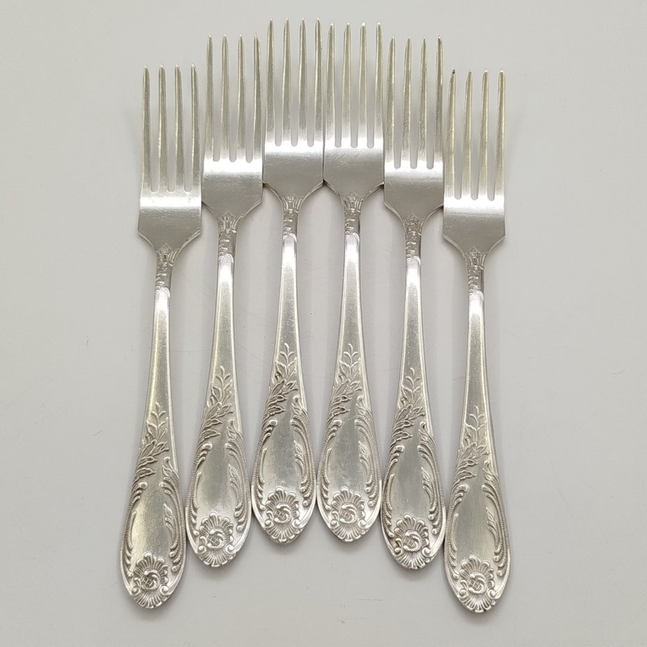 Набор из шести столовых вилок с растительным декором, мНЦ (медь-никель-цинк), Вольнянский завод столовых приборов им. Шевченко (ЗiШ, ЗиШ), СССР, 1960-1990 гг.