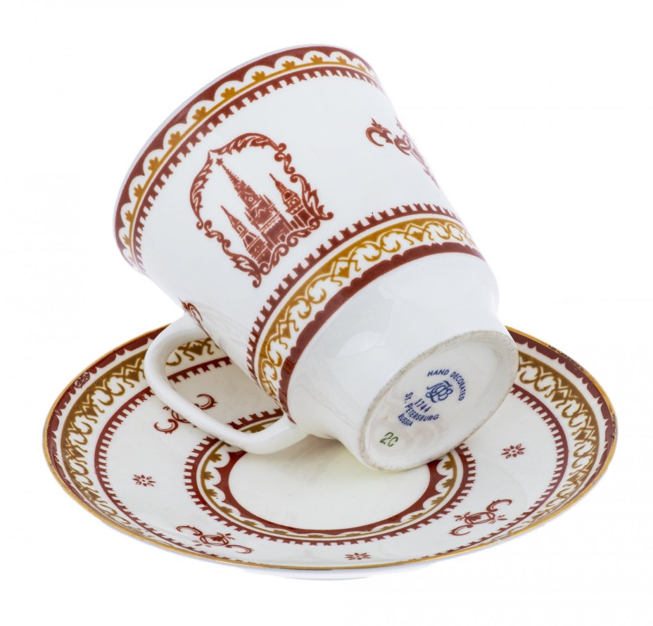 Кофейная пара "Спасская башня Московского Кремля", фарфор, печать, позолота, Ленинградский фарфоровый завод, Россия, 2002-2006 гг., Ленинградский фарфоровый завод (ЛФЗ)