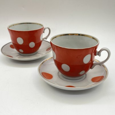 Набор из 2 чайных пар в оранжевый горошек, фарфор, крытье, золочение, Барановский фарфоровый завод, СССР, 1970-1990 гг.