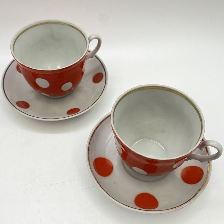 Набор из 2 чайных пар в оранжевый горошек