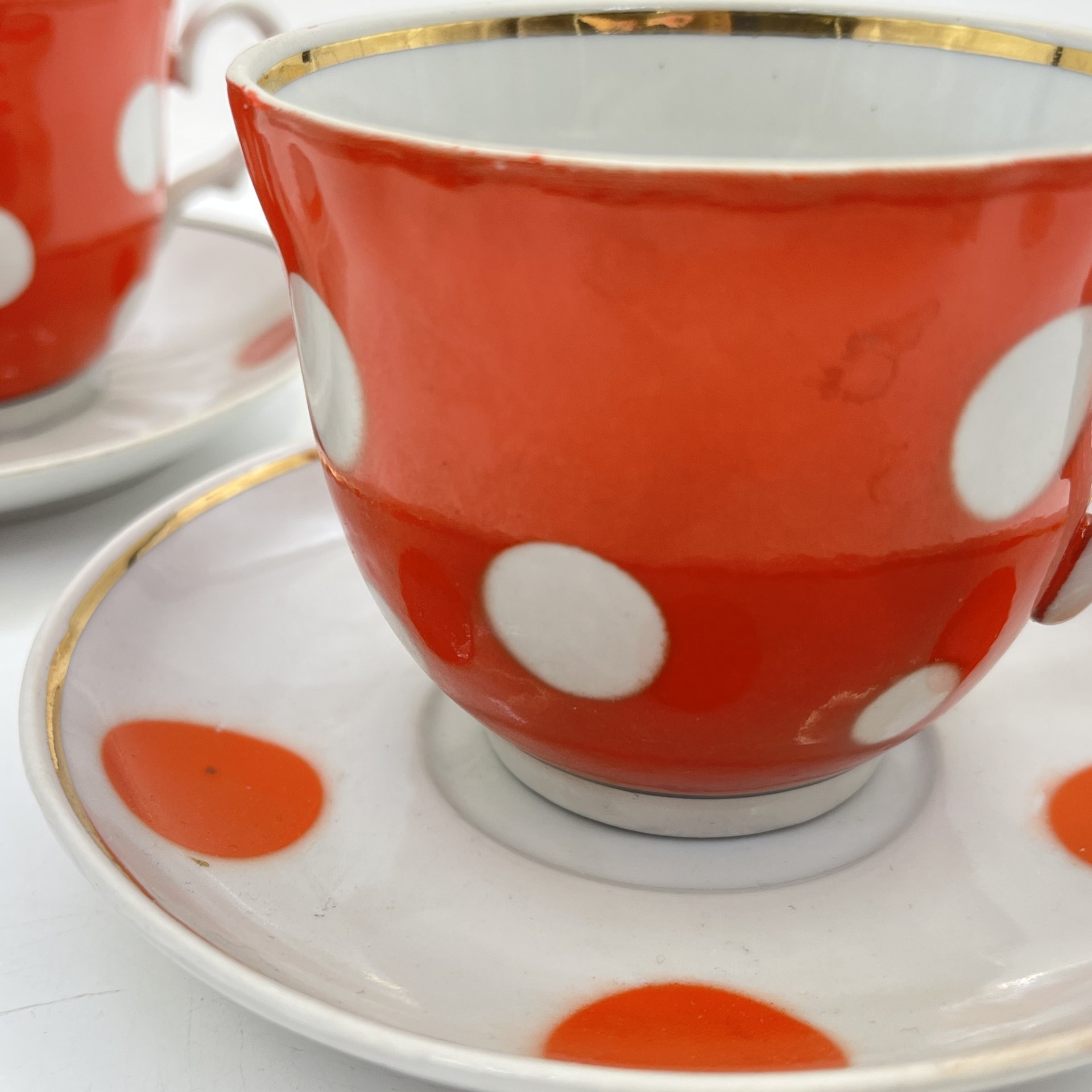 Набор из 2 чайных пар в оранжевый горошек, фарфор, крытье, золочение, Барановский фарфоровый завод, СССР, 1970-1990 гг.