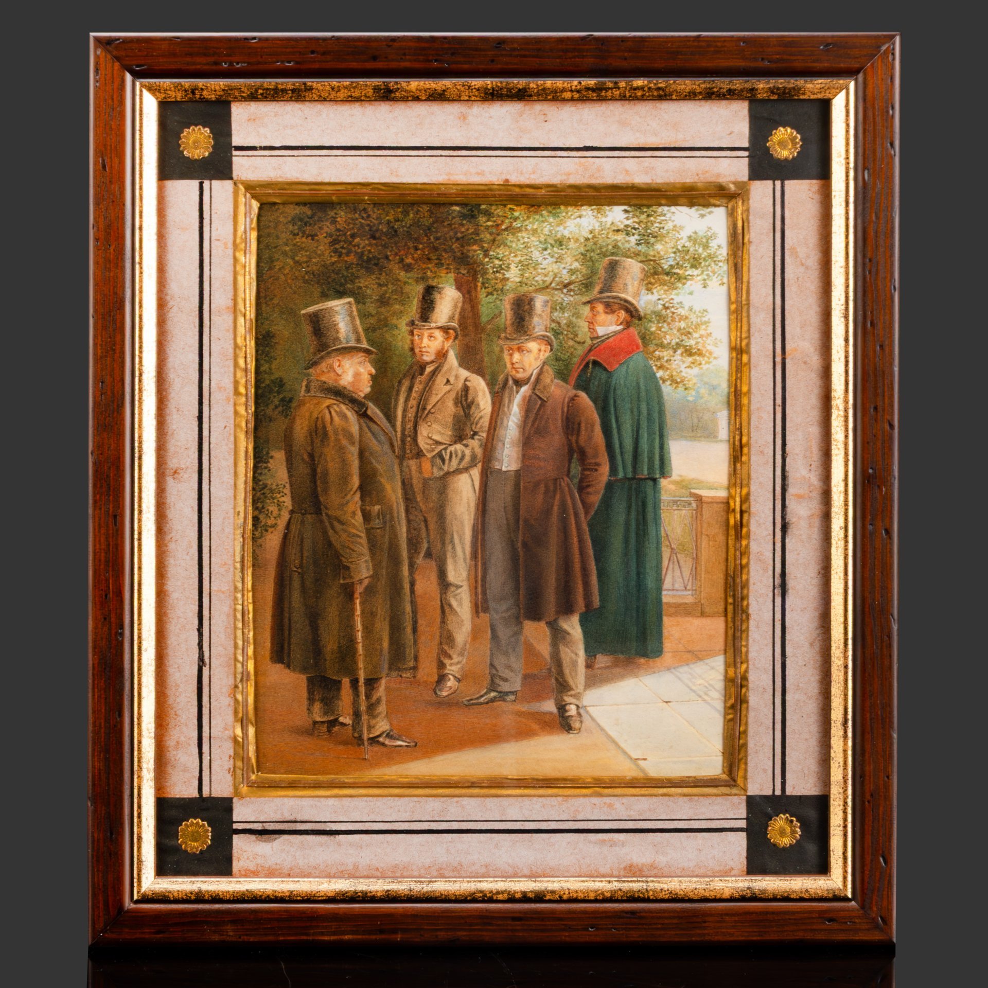 Акварель по мотивам картины Г.Г. Чернецова "А. С. Пушкин, Н. И. Гнедич, В. А. Жуковский, И. А. Крылов" (этюд к картине "Парад на Марсовом Поле")