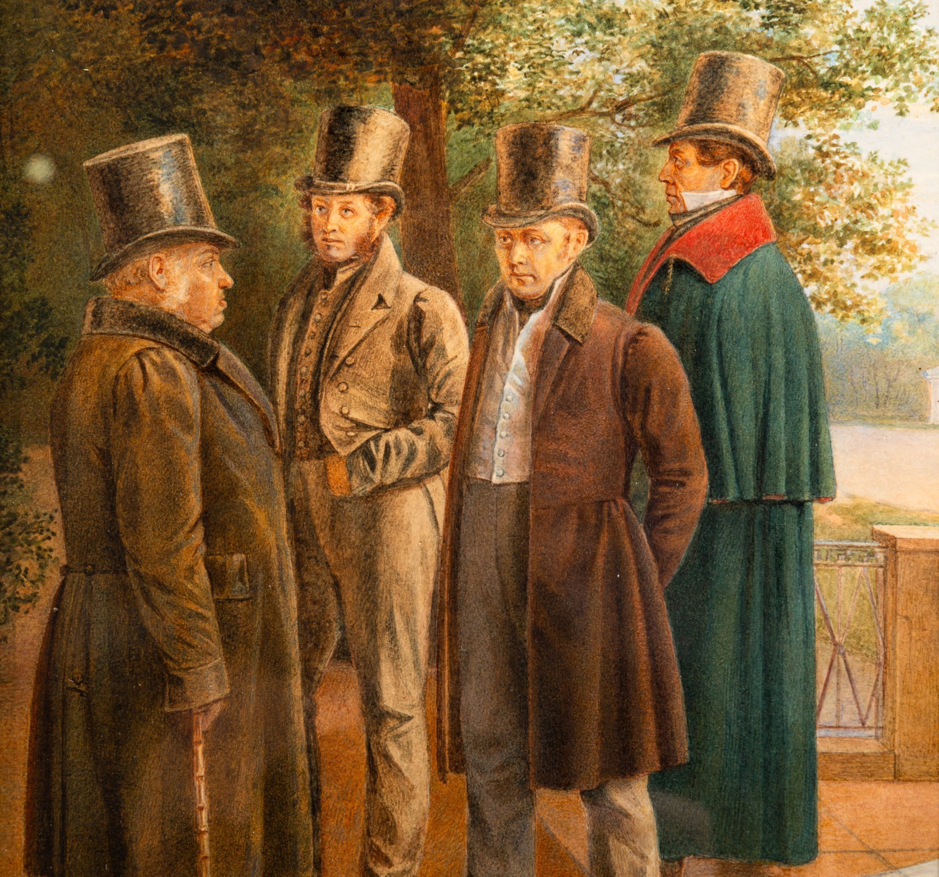 Акварель по мотивам картины Г.Г. Чернецова "А. С. Пушкин, Н. И. Гнедич, В. А. Жуковский, И. А. Крылов" (этюд к картине "Парад на Марсовом Поле")