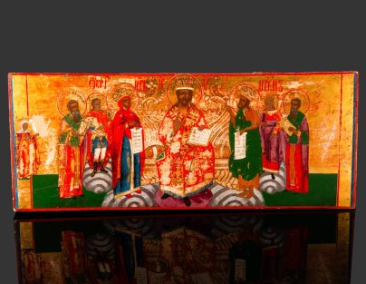 Икона "Царь Царей" с предстоящими святыми: Пелагеей, Ферапонтом, Архистратигом Михаилом, Богородицей, Иоанном Крестителем, Архангелом Гавриилом и Иоанном Злотоустом, дерево, темпера, золочение, Российская империя, 1820-1860 гг.