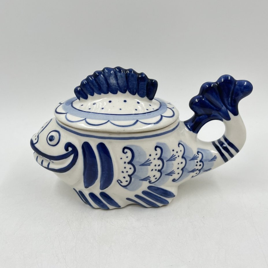 Икорница "Рыба-кит", фарфор, роспись, Объединение «Гжель», СССР, 1972-1985 гг., Объединение «Гжель»