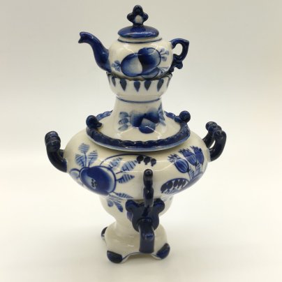 Самовар декоративный с миниатюрным чайником, фарфор, роспись, Объединение «Гжель», СССР, 1972-1985 гг.