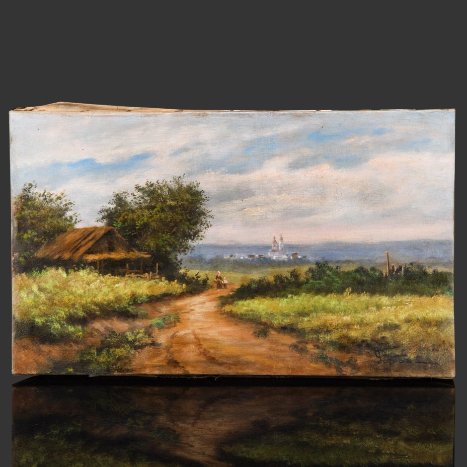 Картина "Сельский пейзаж с дорогой и церковью" (название условное), подпись "Рогов"