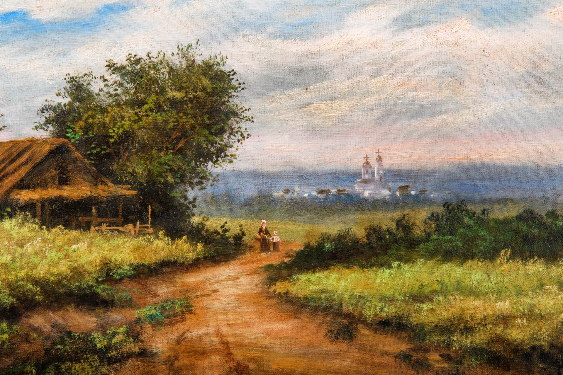 Картина "Сельский пейзаж с дорогой и церковью" (название условное), подпись "Рогов"