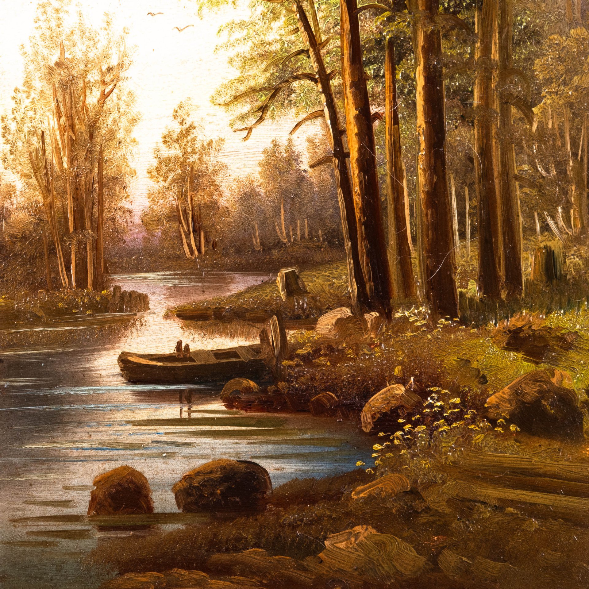 Картина "Пейзаж с деревьями, водоемом и лодкой", оформленная в раму, неизвестный художник, дерево, фанера, масло, Россия, 1900-1940 гг.