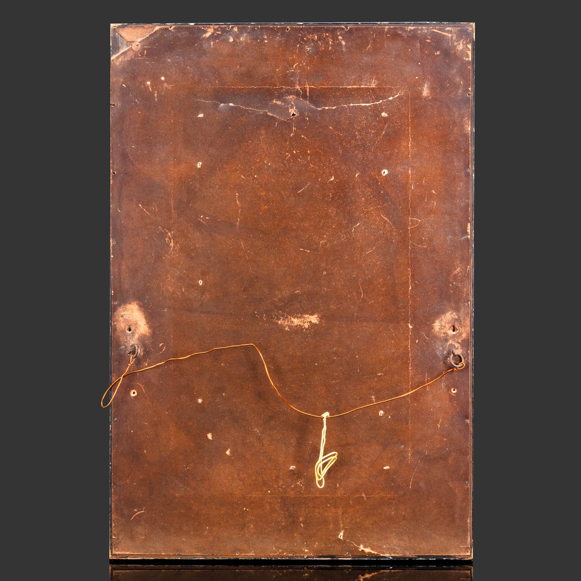 Картина "Пейзаж с деревьями, водоемом и лодкой", оформленная в раму, неизвестный художник, дерево, фанера, масло, Россия, 1900-1940 гг.