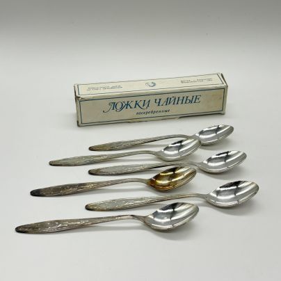 Набор чайных ложек на 6 персон в оригинальной коробке, мНЦ (медь-никель-цинк), бумага, Кольчугинский завод цветных металлов, СССР, 1960-1980 гг.