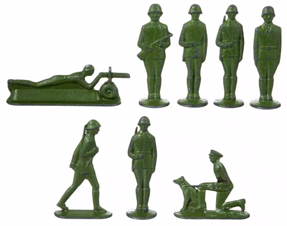 Набор оловянных солдат (7 штук) в подборе, олово, краска, СССР, 1970-1990 гг.