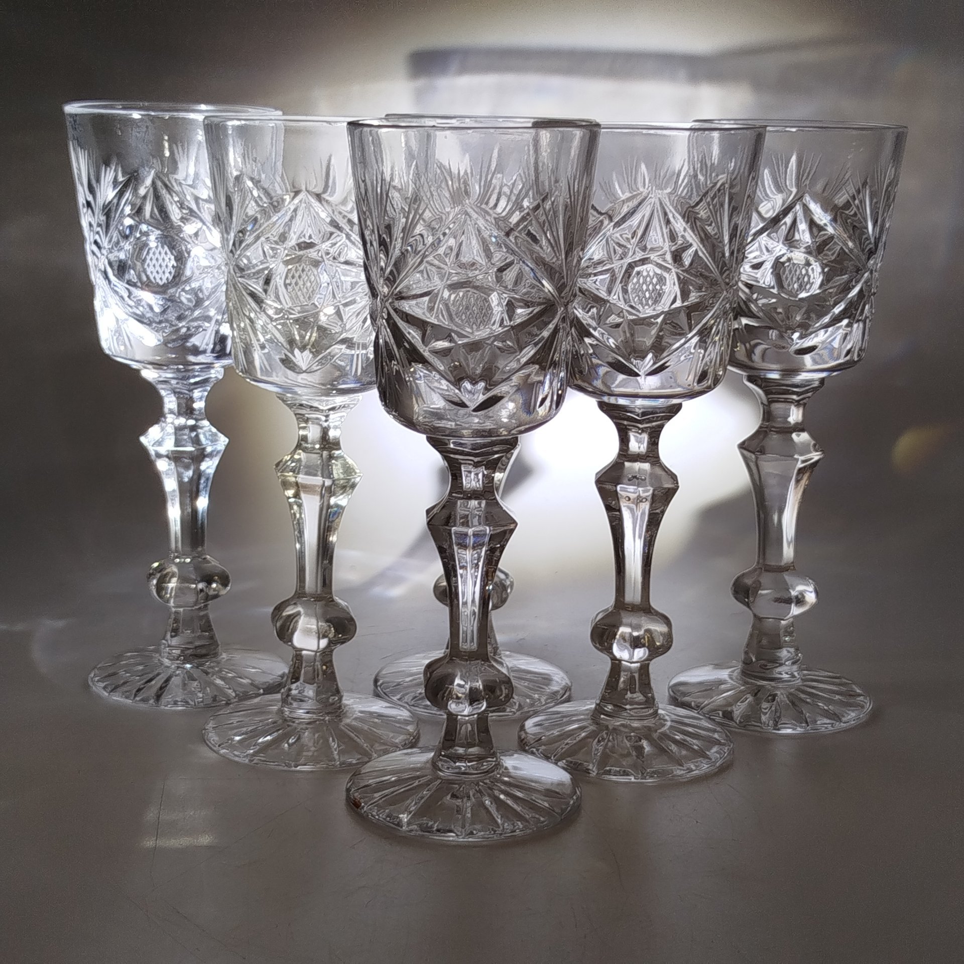 Набор из 6-ти бокалов/фужеров с резным декором, хрусталь, алмазная грань, СССР, 1970-1990 гг.