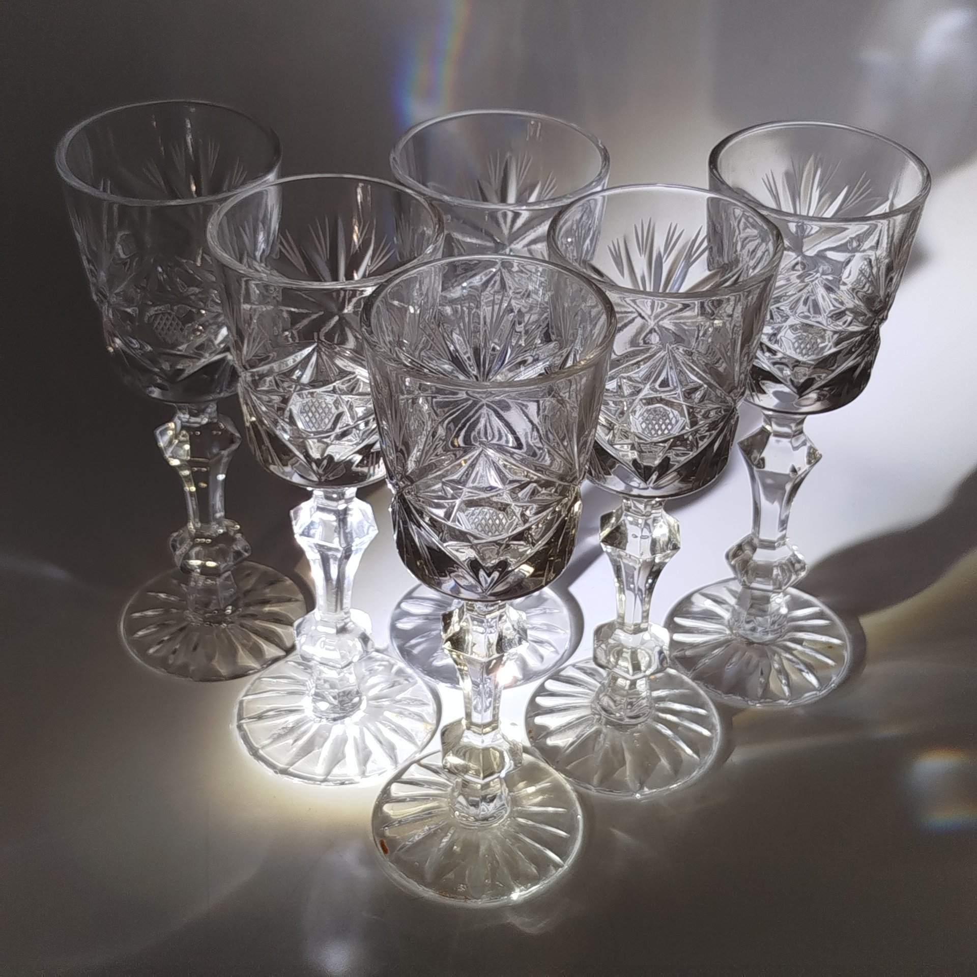 Набор из 6-ти бокалов/фужеров с резным декором, хрусталь, алмазная грань, СССР, 1970-1990 гг.