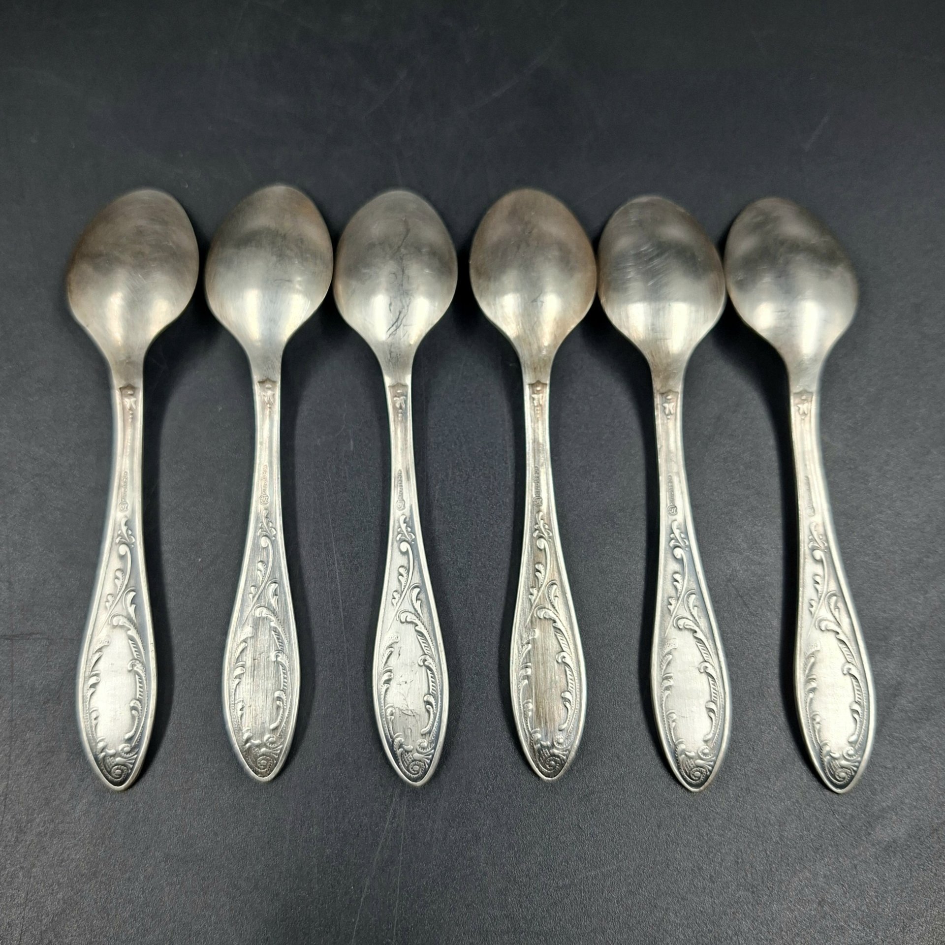 Набор из шести кофейных ложек "Пламя", мНЦ (медь-никель-цинк), Кольчугинский завод цветных металлов, СССР, 1960-1990 гг.