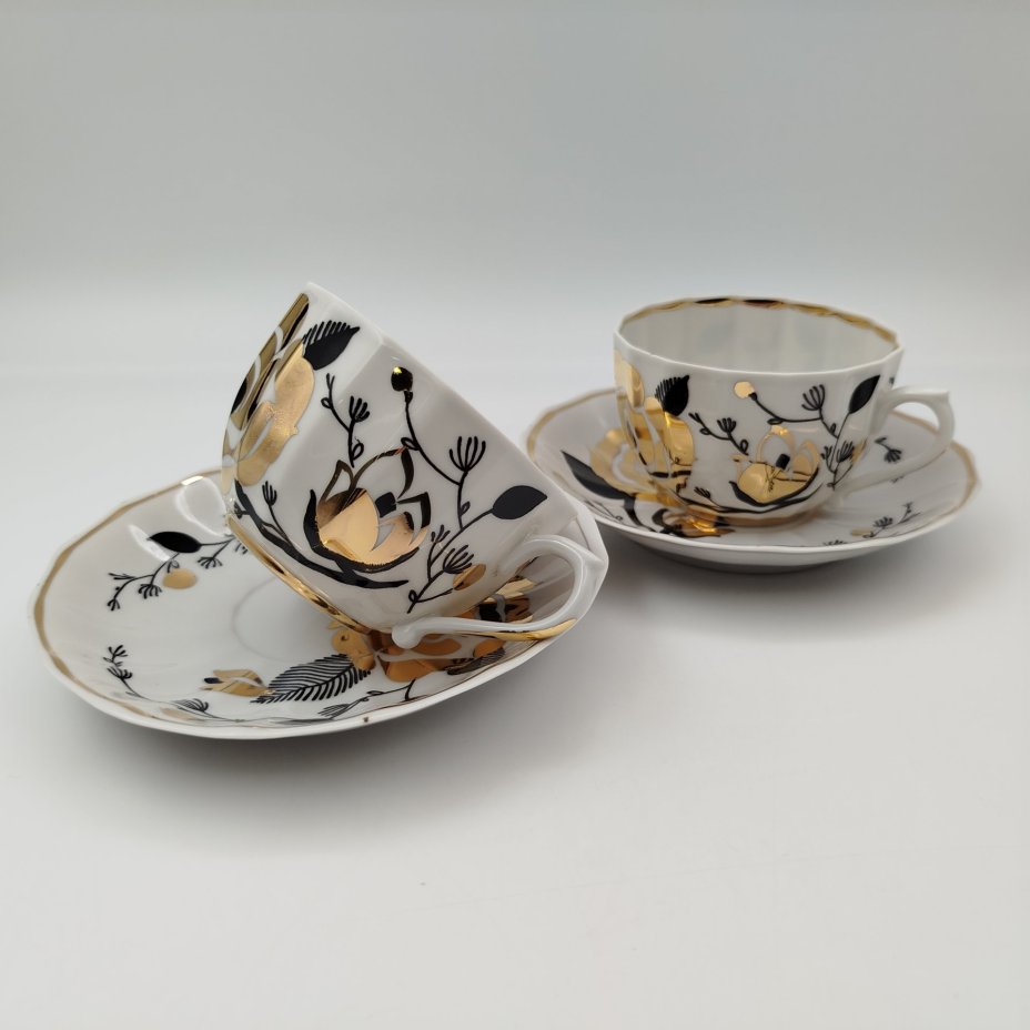 Набор чайных пар "Золотая роза" на 2 персоны, фарфор, деколь, золочение, Фабрика Гарднера в Вербилках 1766, СССР, 1991-2012 гг.