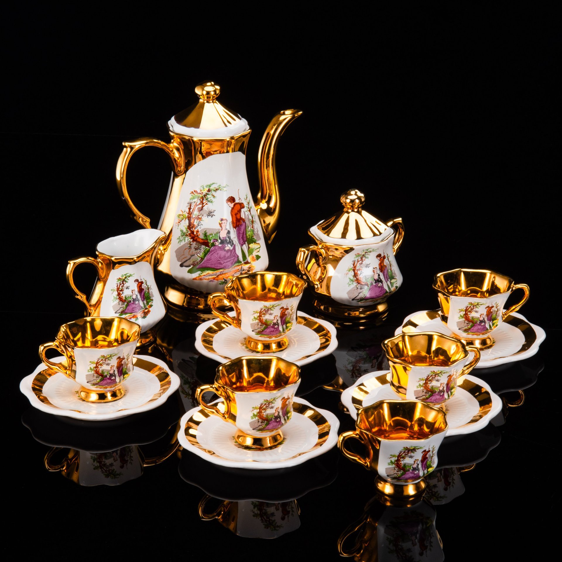 Сервиз кофейный "Мадонна" на 6 персон (15 предметов), Doganay Ceramic, керамика, глазурь, деколь, золочение, Турция, 1990-2010 гг.