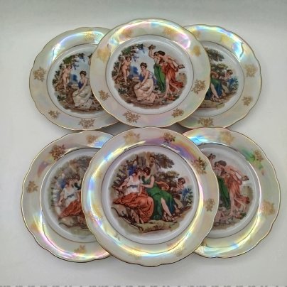 Набор из 6-ти десертных тарелок "Мадонна", фарфор, деколь, люстр, золочение, Kahla, ГДР, 1968-1987 гг.
