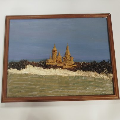 Картина (панно) "Ансамбль с. Шуя Архангельской обл.", автор О. Астафьева, оргалит, пробка, резьба, масло
