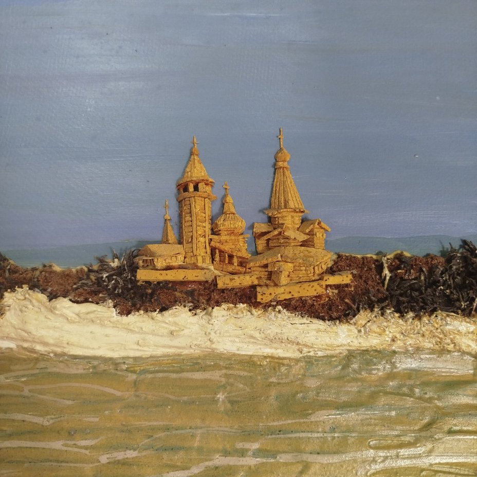 Картина (панно) "Ансамбль с. Шуя Архангельской обл.", автор О. Астафьева, оргалит, пробка, резьба, масло
