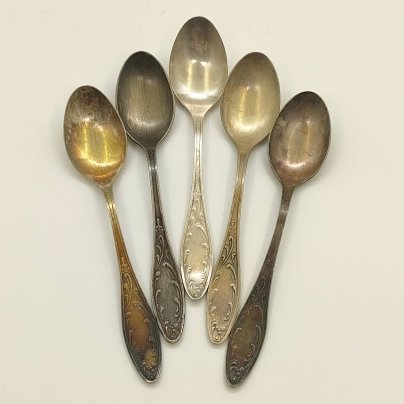 Набор чайных ложек "Пламя" на 5 персон, мНЦ (медь-никель-цинк), Кольчугинский завод цветных металлов, СССР, 1962-1991 гг.