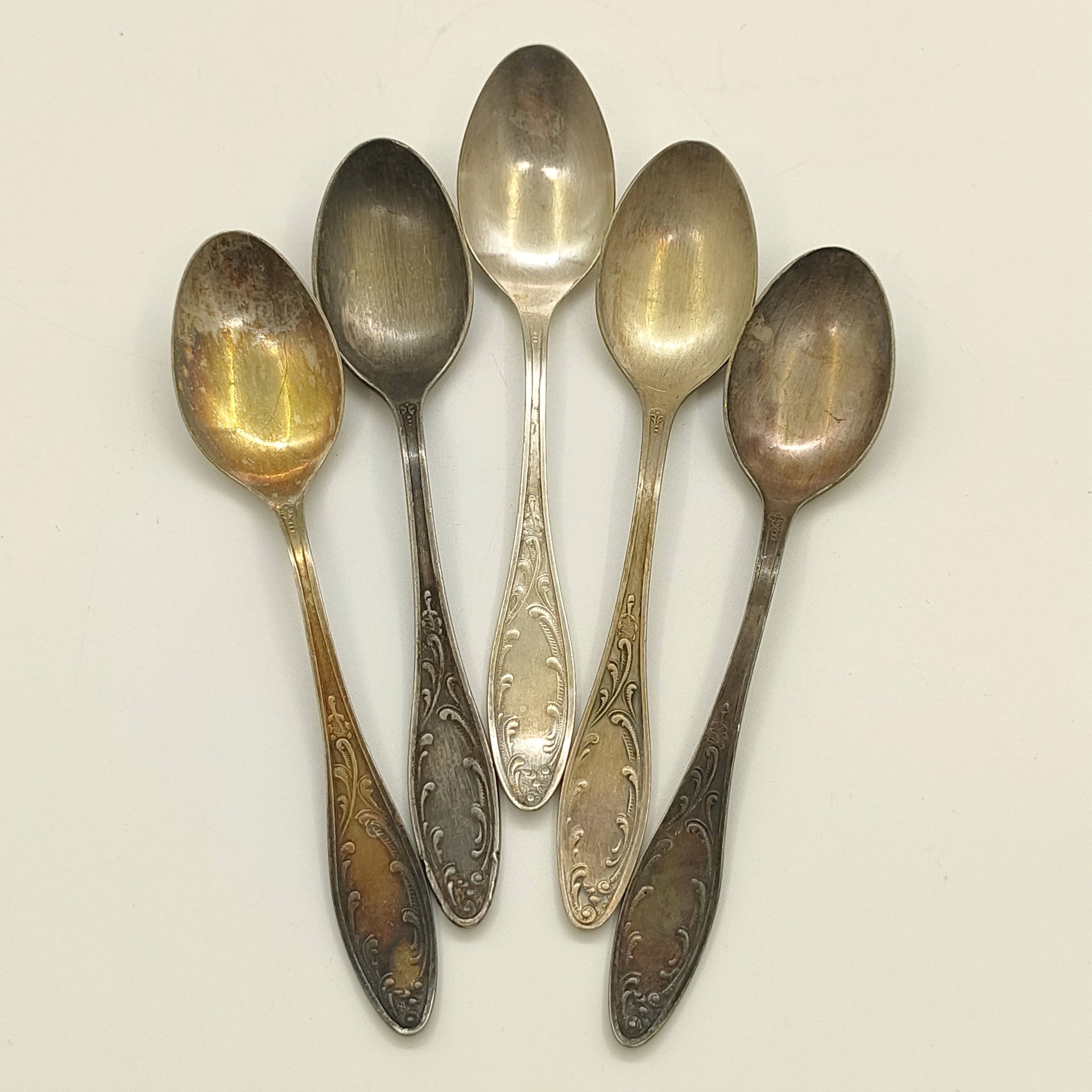 Набор чайных ложек "Пламя" на 5 персон, мНЦ (медь-никель-цинк), Кольчугинский завод цветных металлов, СССР, 1962-1991 гг.