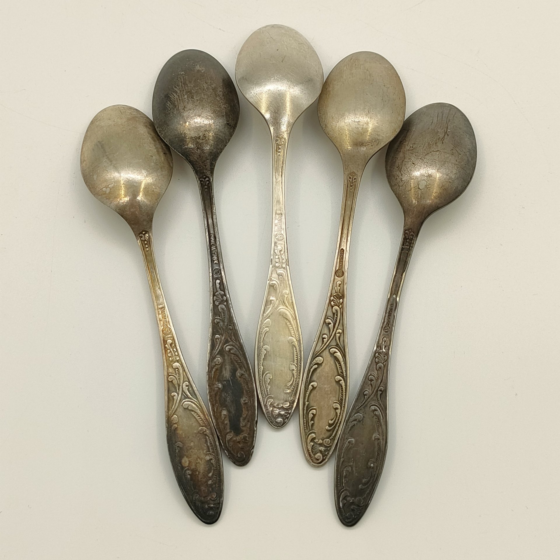 Набор чайных ложек "Пламя" на 5 персон, мНЦ (медь-никель-цинк), Кольчугинский завод цветных металлов, СССР, 1962-1991 гг.